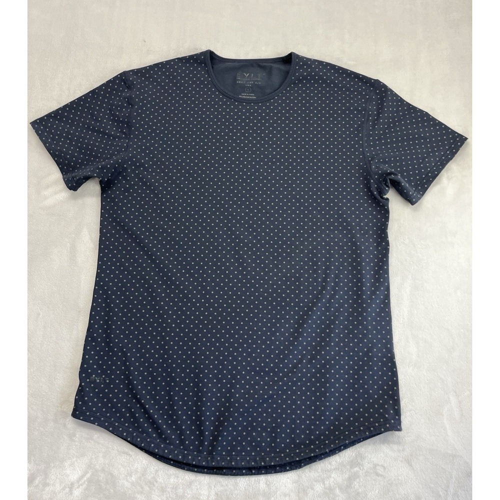 BYLT Drop Cut Lux Shirt Men Large Navy Polka Dotted Premium Basic Stretch Preppy